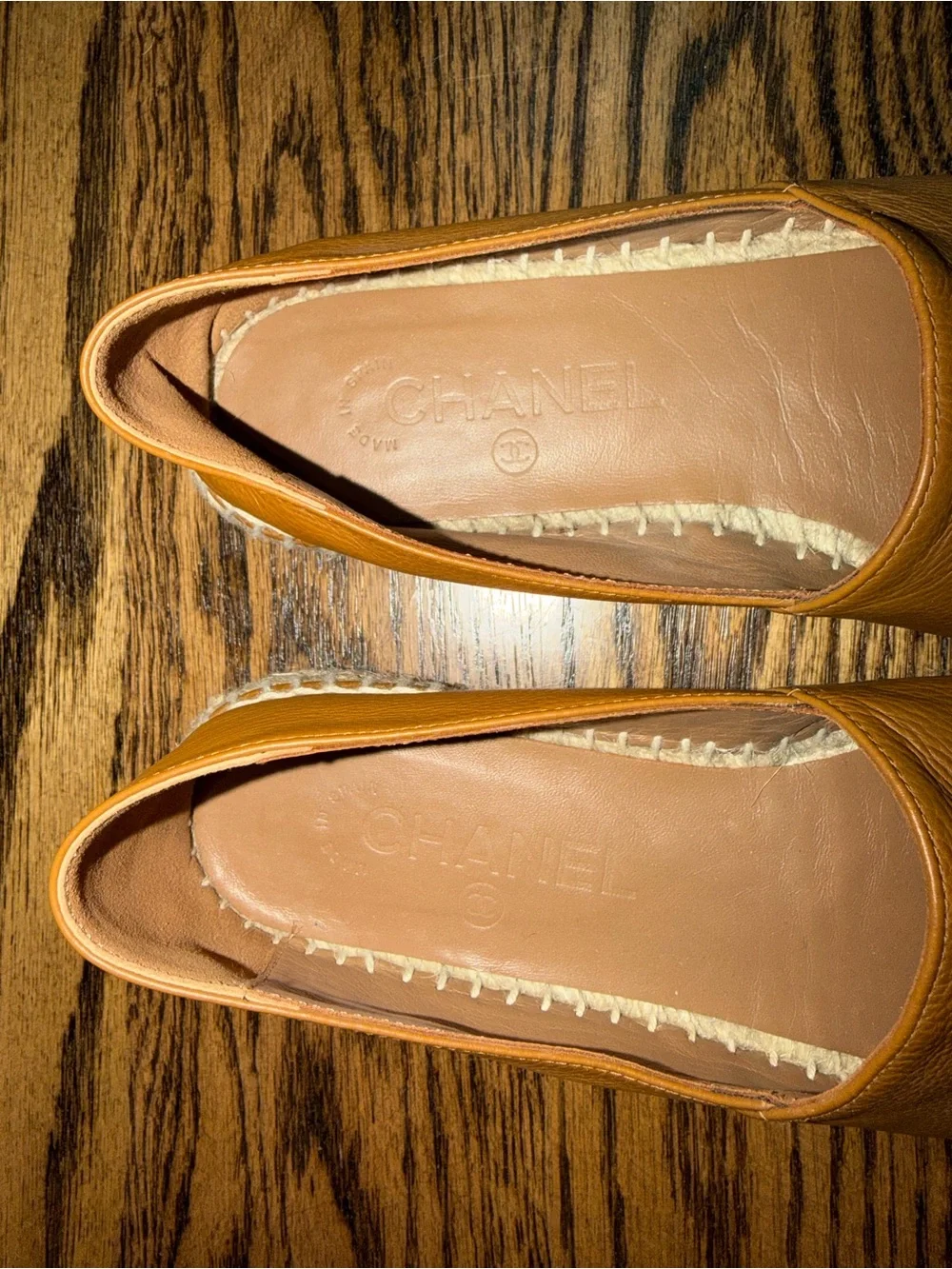 CHANEL Cognac Leather Espadrilles with Embossed CC- worn ONCE!
